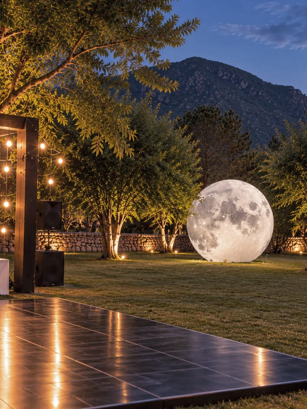 Ambientación de una luna junto a una pista de baile de noche