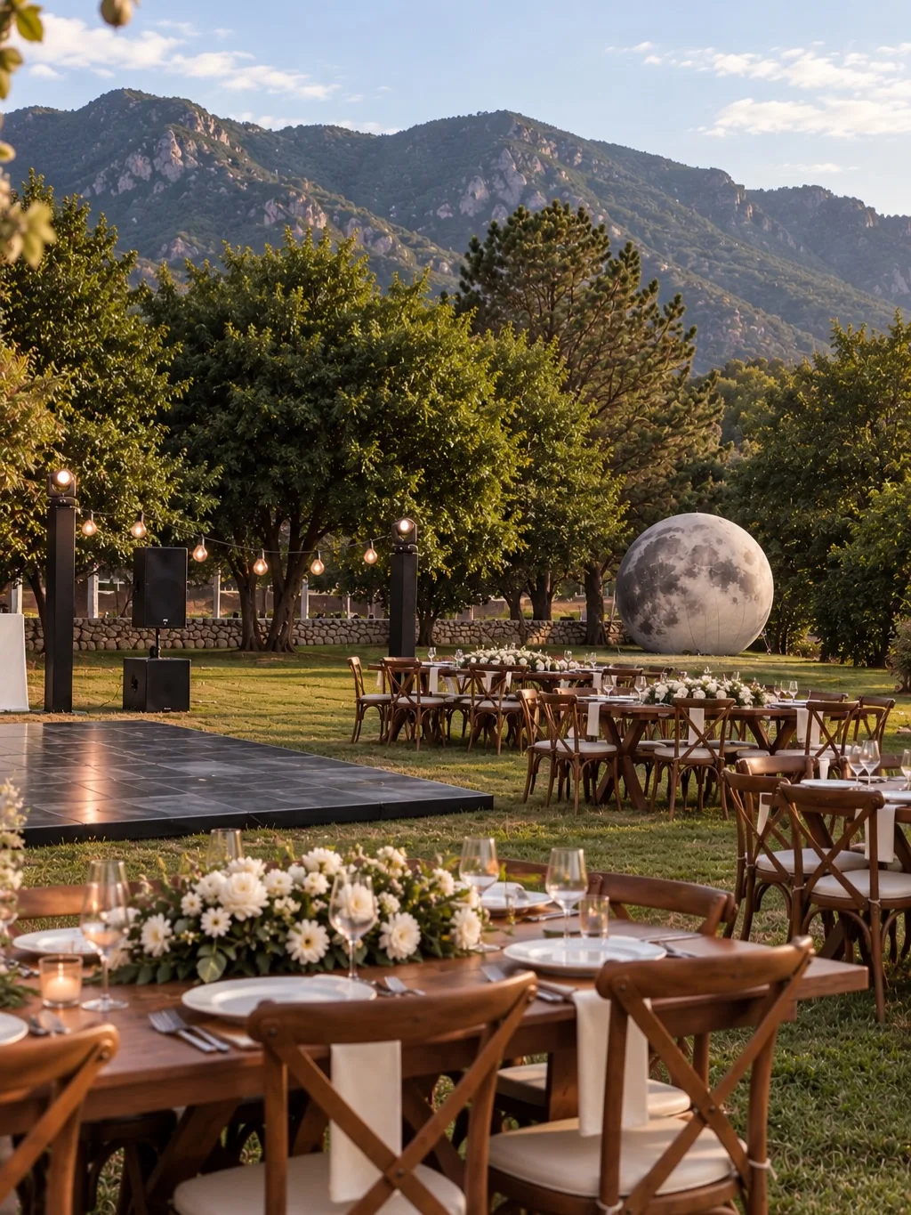 Ambientación exterior con luna y montañas al fondo