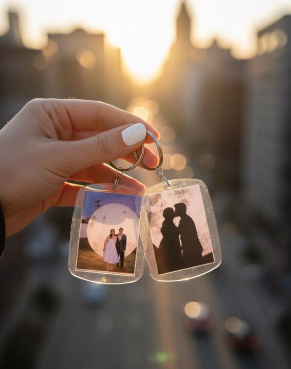 Llaveros transparentes con fotografías de una pareja