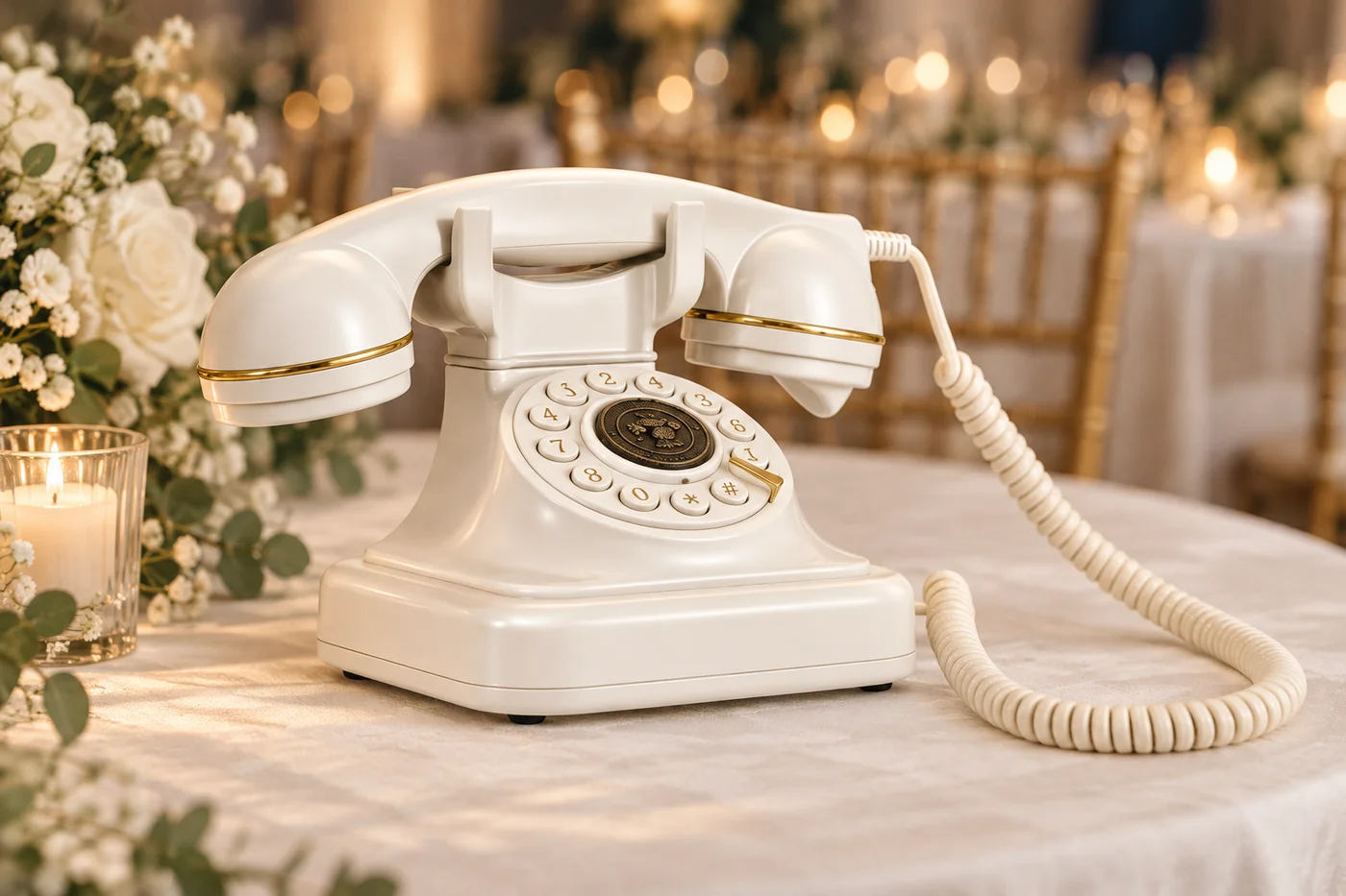 Teléfono vintage blanco con detalles dorados sobre una mesa de celebración